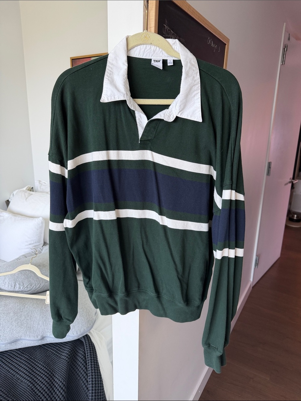 TNA Dark Green Rugby Polo with Navy and White Stripes